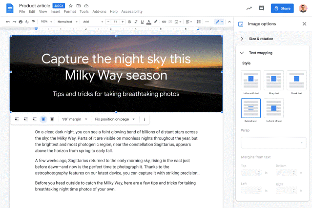 Google Docs Can Now Wrap Images, Either Behind Or Infront Of A Text