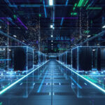 New York Puts AI Data Centres On Pause As Power Grid Anxiety Grows Modern Data Technology Center Server Racks in Dark Room with VFX. Visualization Concept of Internet of Things, Data Flow, Digitalization of Internet Traffic. Electric Equipment Warehouse.